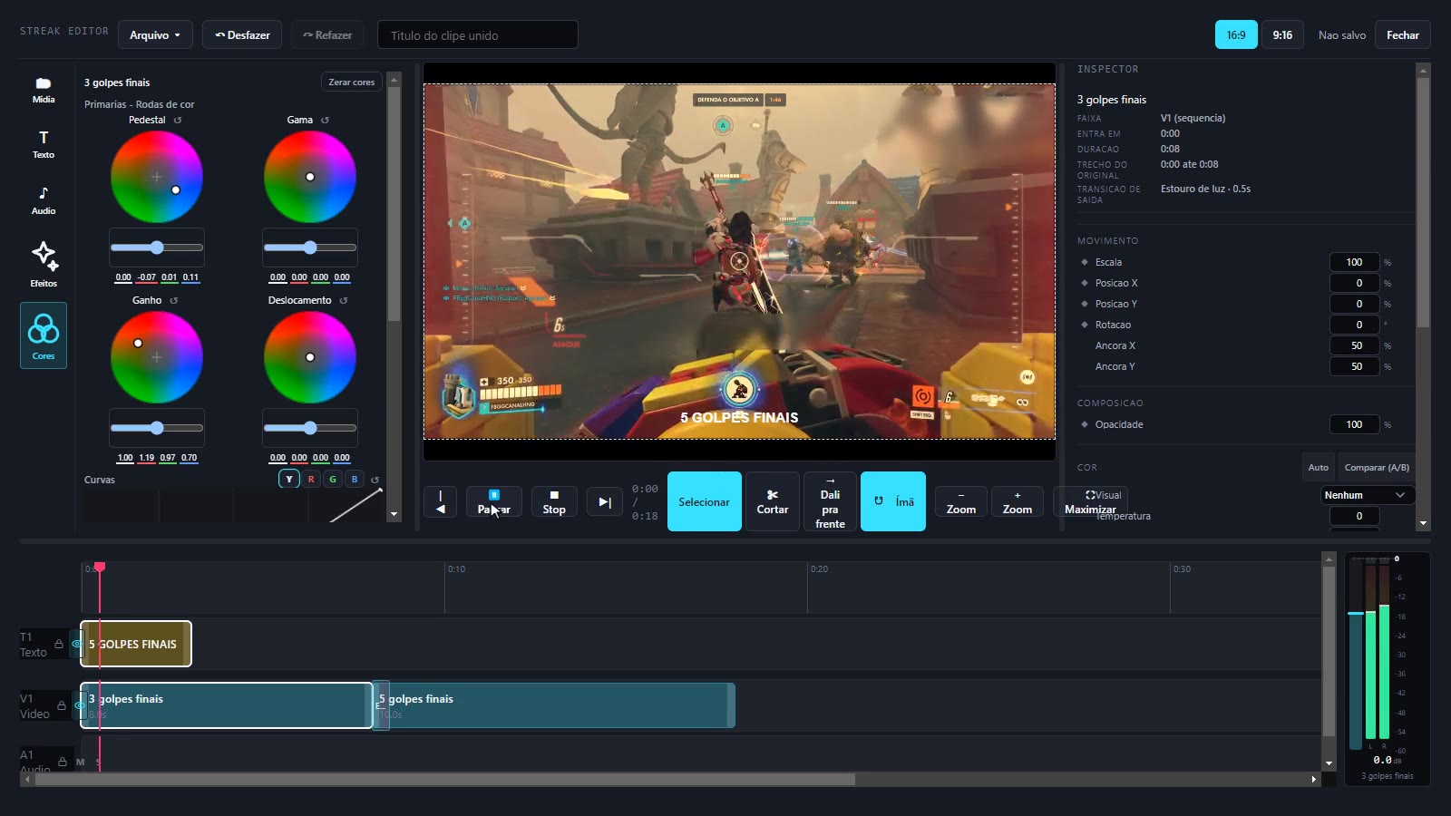 O editor do Streak com clipes de Overwatch 2 na linha do tempo, um título na prévia e as rodas de cor abertas.